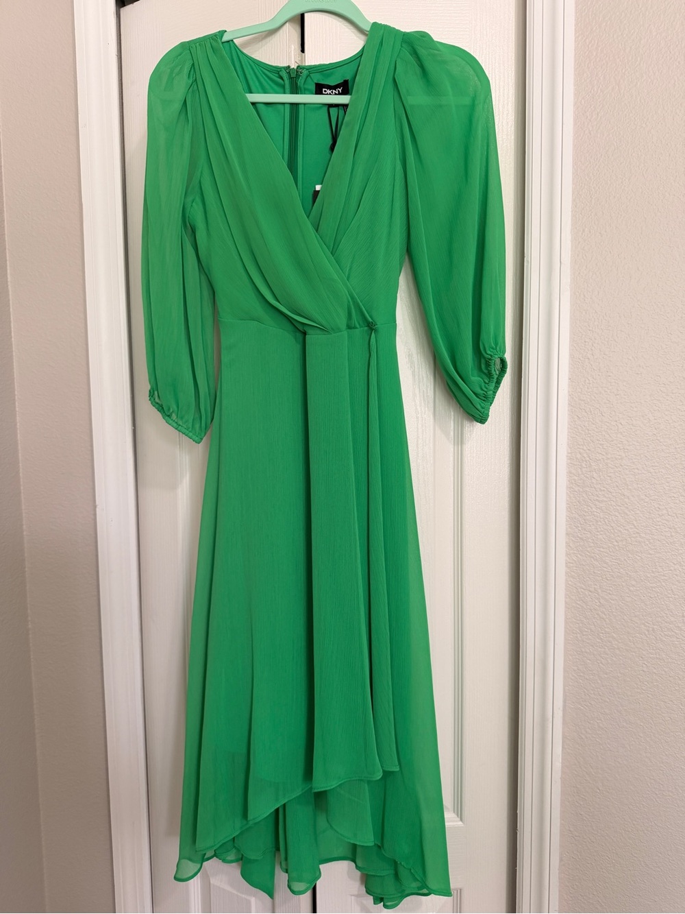 DKNY Emerald Green Wrap-Front High-Low Chiffon Dress